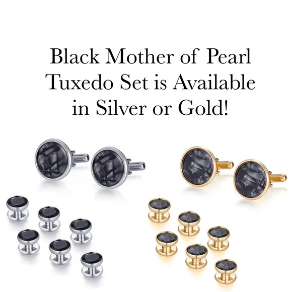 Black Mother of Pearl Cufflinks Tuxedo Studs Formal 8 Pcs Set - Picture 3 of 16